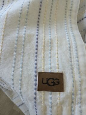 UGG Shower Curtain 72" Medium Blue, Yellow, Teal Stripe.  Light Cream Background